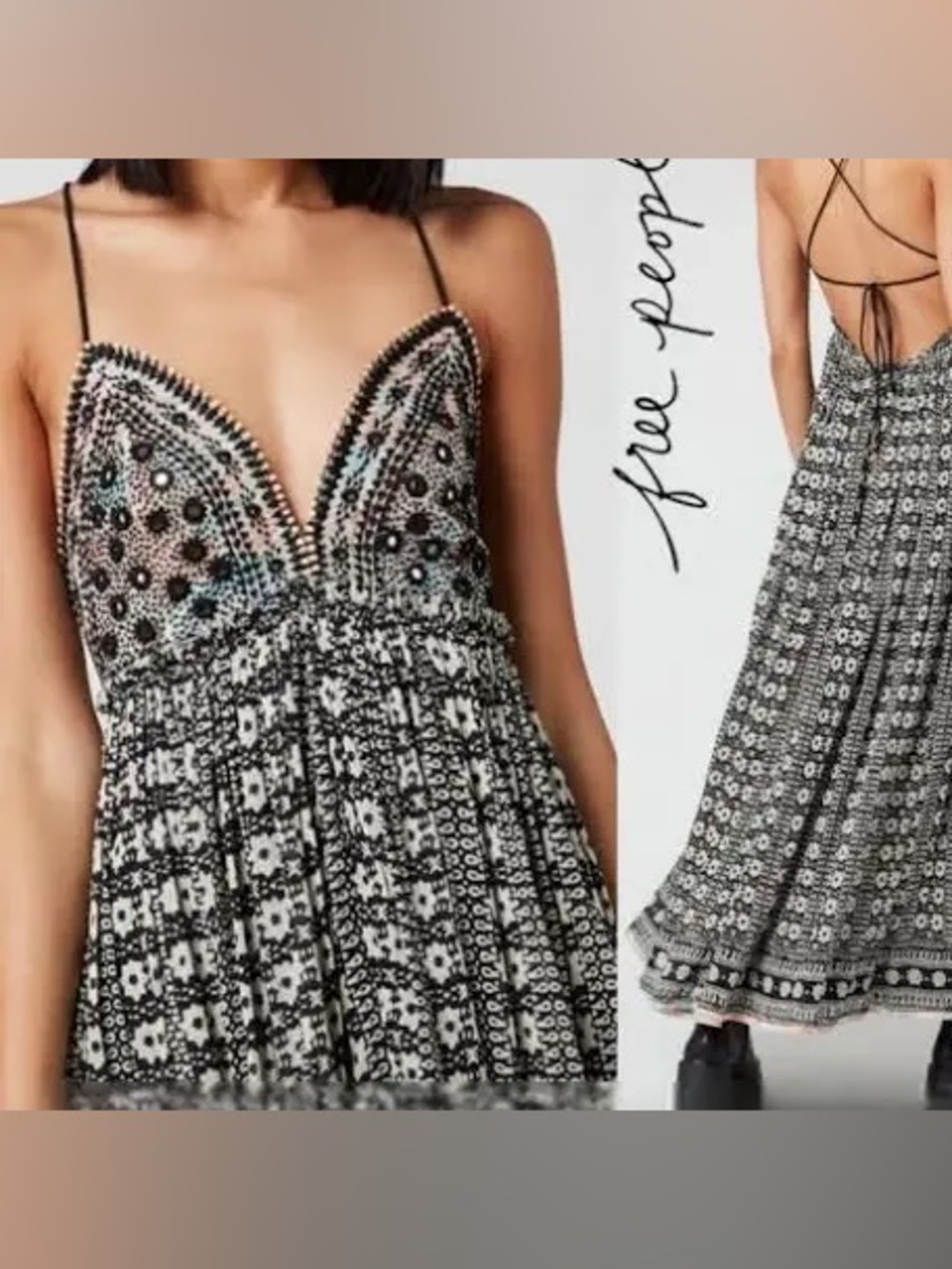 Free People Small good vibes Open Back Boho Dress Black Floral